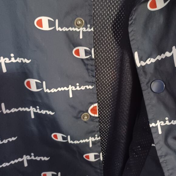 Champion Script Logo Cropped Jacket Women Large Navy Blue Tape Zippered Sleeves - Picture 5 of 7